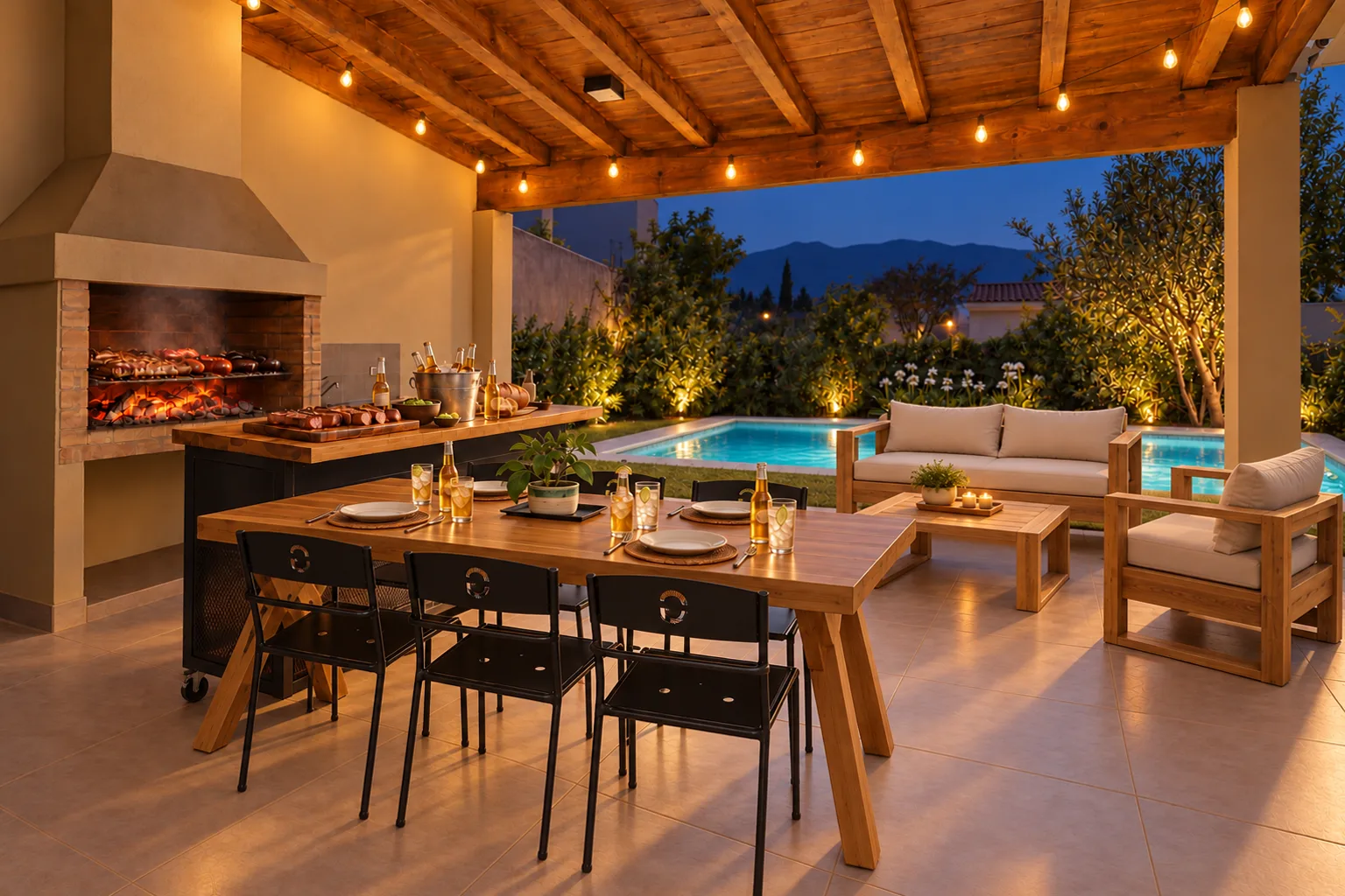 Galería al atardecer con barra, mesa con sillas y living de Genus Home junto a la pileta