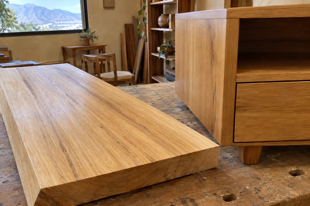 Tabla de peteribí cepillada junto al frente de un rack de la misma madera