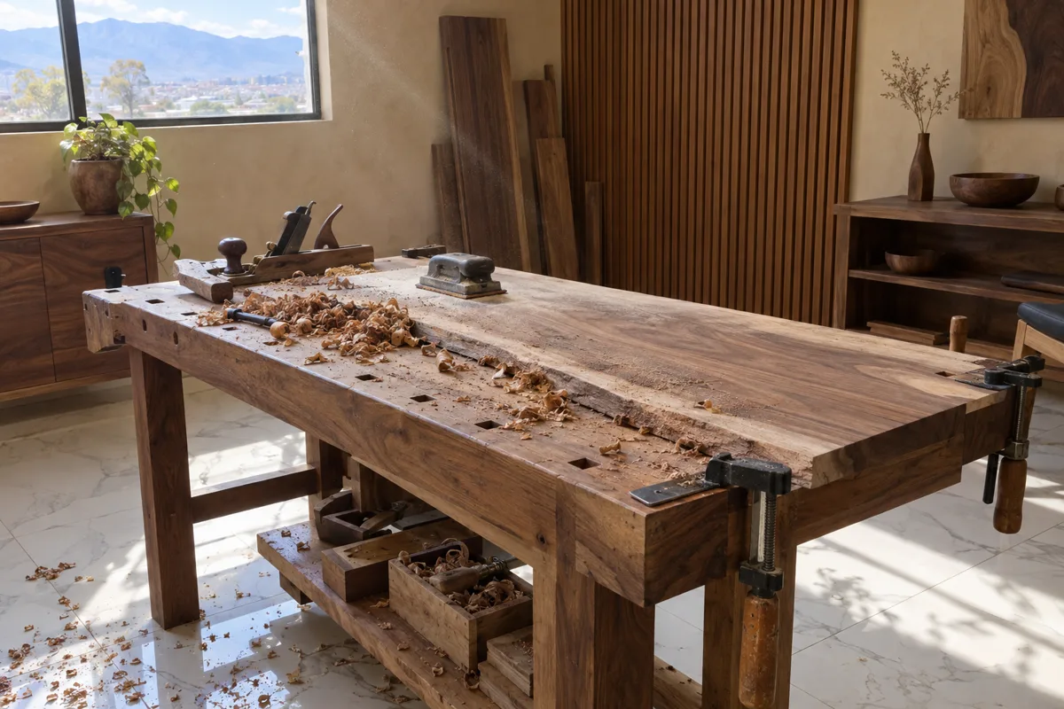 Banco de trabajo del taller con una tapa de mesa de madera