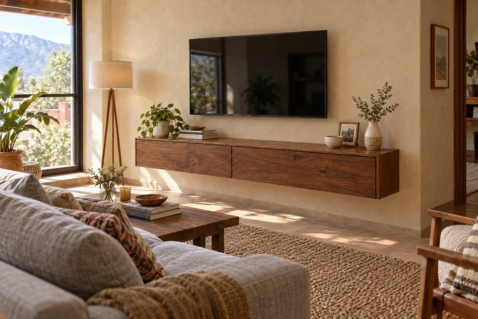 Rack flotante de madera bajo el televisor en el living de una casa